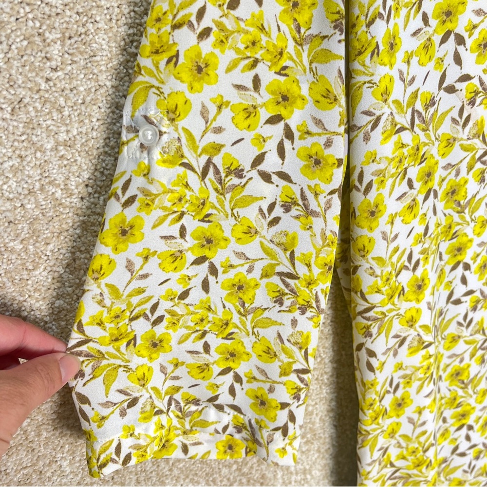 Imperfect yellow floral pocket dress vneck pointed collar lined bright bohemian - Picture 10 of 16